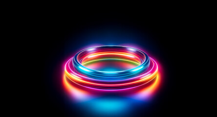 Aufkleber - a vibrant, multi-colored neon ring glows brightly against a stark black background. illuminated with