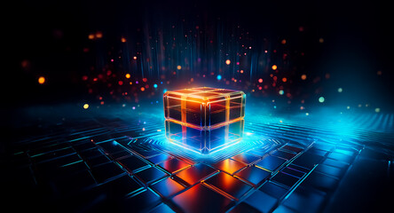 Aufkleber - glowing cube with orange and blue light sits on a reflective grid. particles and lights in the backg