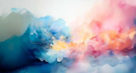 Wall Mural - softly blended abstract art in cool blue and green hues transitioning to warm pink and orange tones.