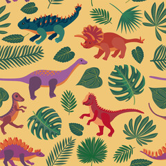 Naklejka na meble vector drawing seamless pattern with dinosaurs, fern and palm leaves, cartoon background, hand drawn illustration