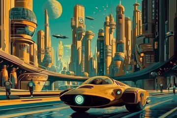 Wall Mural - a stunning banner depicting a retro futurism vision of the future city.