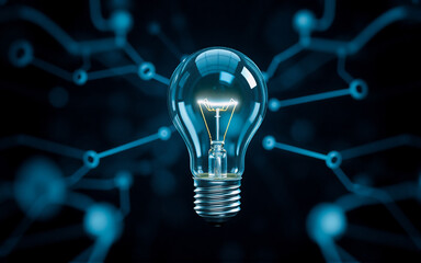 Poster - illuminated light bulb at center with blue lines extending, representing idea generation and network