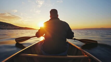 Poster - Rowing a Canoe During Sunset on a Tranquil Lake Generative AI