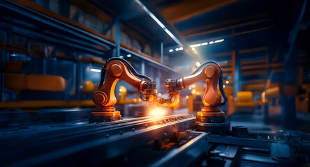 Poster - Two orange robotic arms are welding metal pieces on a conveyor belt in a factory. Sparks illuminate the automated machines in an industrial setting.