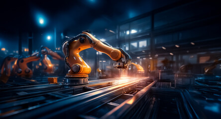 Aufkleber - A futuristic factory interior featuring automated robotic arms working on a production line. Sparks fly as machinery welds in a high-tech industrial setting with blue lighting.