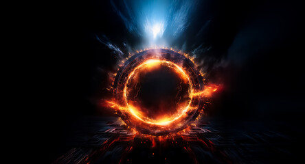 Poster - Fiery portal with orange and blue light effects. A circular glowing frame radiates energy against a dark backdrop, with sparks and light trails emanating outwards.