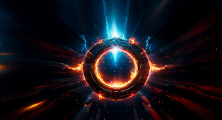 Fototapete - Mysterious circular portal glows intensely with vibrant blue and orange energy in dark space. A powerful and enigmatic scene unfolds.