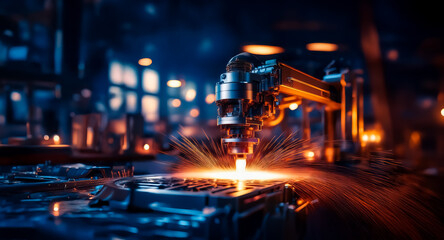 Aufkleber - Automated machinery in a dimly lit industrial setting uses focused energy, emitting bright sparks as it precisely works on a metal component.