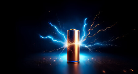 Poster - A metallic battery stands upright emitting vibrant blue and orange electric sparks against a dark backdrop, symbolizing energy and power.