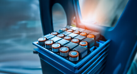 Aufkleber - Close up of battery cells arranged in a blue tray, possibly in a factory or technological setting with bright light.