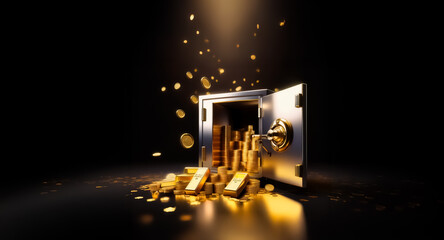 Poster - A vault door opens to reveal gold bars and coins spilling out, illuminated by golden light on a dark background. Symbol of wealth and security.