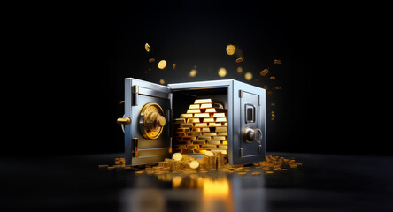 Poster - Open vault door reveals gold bars and coins spilling out. Symbolizes wealth, financial abundance, and security against a dark background.
