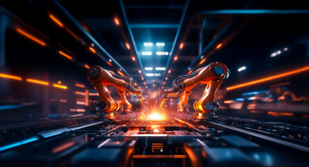 Aufkleber - Automated factory with robotic arms on a production line. Bright lights illuminate machinery in a modern industrial setting.