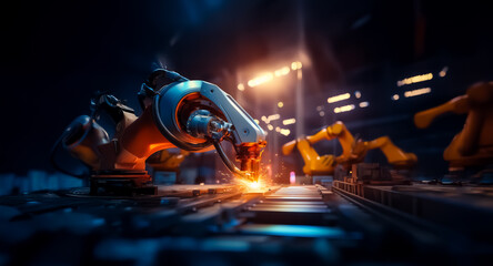 Poster - Robotic arms perform tasks in a dimly lit factory illuminated by bright orange and blue lights. Sparks illuminate the scene as automated machines work on a conveyor belt.