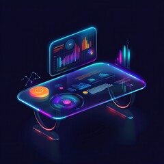 Poster - Office desk with holographic business data, representing augmented reality workspace.