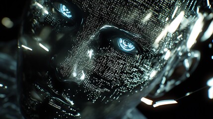 Poster - Close-up of a futuristic humanoid face composed of digital patterns and glowing eyes, evoking a sense of artificial intelligence and technology
