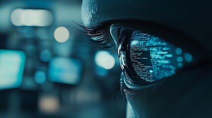 Poster - Close-up view of a human eye with digital data flowing through, showcasing a futuristic visual of technology and information processing