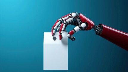 Poster - Robot hand manipulating voting ballot, symbolizing election interference by AI.