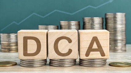 Poster - Wooden blocks spelling dca on coin stacks with upward trending line in the background showing growth