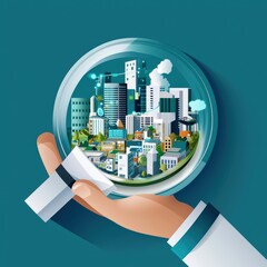 Poster - Scientist examining a petri dish with a miniature smart city inside.