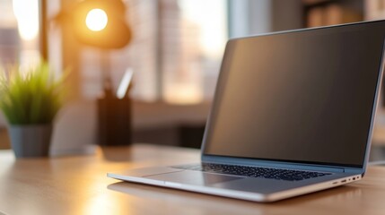 Aufkleber - Modern laptop on a wooden desk with a plant, warm sunset lighting, urban background