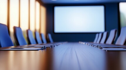 Poster - Modern conference room with a long table, empty chairs, and a large screen in a bright setting