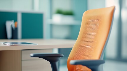 Poster - Modern office interior featuring an ergonomic orange chair beside a wooden desk with a tablet