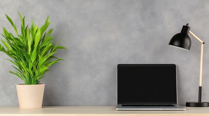 Poster - Modern workspace featuring a laptop, desk lamp, and potted plant against a textured gray wall