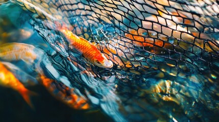 a close-up of a fisherman net filled with vividly colored fish, set against the serene, reflective w