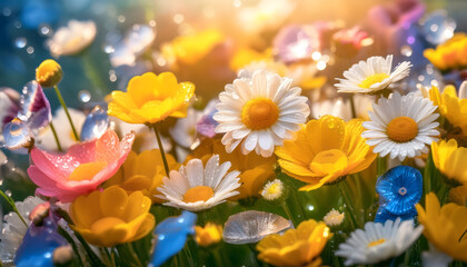 Poster - A vibrant field of colorful flowers glistens with dew, creating a cheerful and refreshing atmosphere