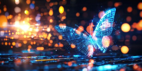 Poster - A futuristic, abstract blue low-polygon butterfly, a symbol of digital transformation and technological innovation, floats against a vibrant, digital background. The butt