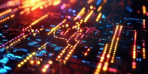 Leinwandbilder - A vibrant canvas of binary code and glowing circuits, a futuristic interface hinting at a world where technology seamlessly blends with nature, a glimpse into the future