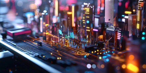 Leinwandbilder - A futuristic cityscape, where holographic elements shimmered, revealing abstract data charts and intricate communication networks, all projected onto a sleek, futuristic