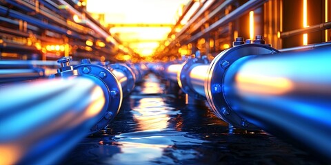 Leinwandbilder - A network of vibrant blue water pipes, their metallic surfaces shimmering under the sun, lay embedded beneath the earth s surface, their presence a subtle yet vital threa