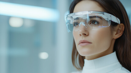 Aufkleber - woman wearing futuristic smart glasses in modern setting