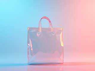 Aufkleber - transparent shopping bag is set against vibrant gradient background, blending blue and pink hues