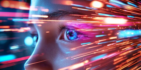 Leinwandbilder - A vibrant, digital face, adorned with a kaleidoscope of hues and pulsating lines, materialized from the screen, embodying the essence of a futuristic avatar.