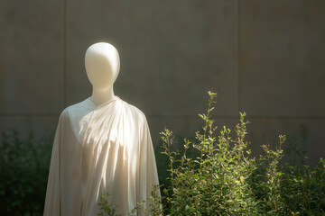 Poster - serene, faceless statue draped in white stands amidst lush greenery, evoking sense of calm