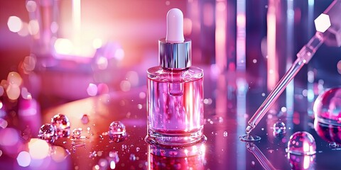 Aufkleber - A vibrant 3D cosmetic ad showcasing a science-driven skincare routine, featuring a collagen serum and hyaluronic acid, set against a backdrop of futuristic technology and