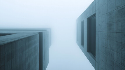Poster - low angle view of modern concrete buildings disappearing into fog creates mysterious atmosphere