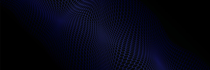 Poster - dark grey abstract wide horizontal banner with hexagon carbon fiber grid and orange luminous lines.