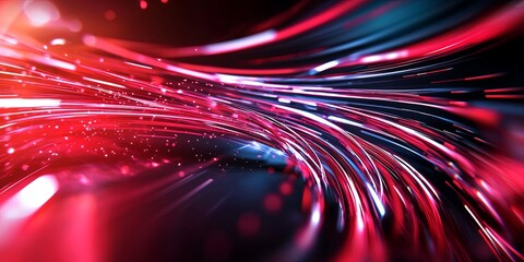 Fototapete - A vibrant canvas of red light lines, swirling and blurring as they traverse a stark dark backdrop, symbolizing the seamless transfer of data, a futuristic and dynamic rep
