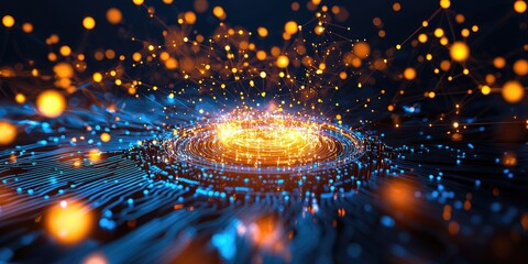 Leinwandbilder - A swirling vortex of information waves, representing the boundless possibilities of Big Data, converges on a 3D model of a blockchain, its nodes glowing like intricate co
