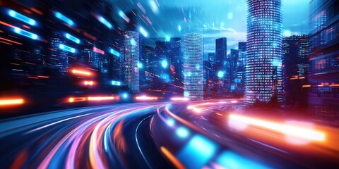 Leinwandbilder - A futuristic city, its concrete canyons pierced by a vibrant, digital highway that spiraled upwards, leading towards towering binary structures, symbolizing the vast expa