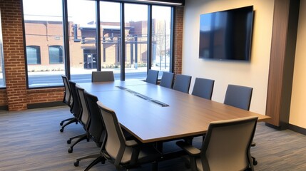 Poster - Modern conference room with large table and chairs, bright windows, and urban background