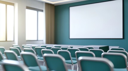 Poster - Modern conference room setup with empty chairs facing a large screen and bright windows