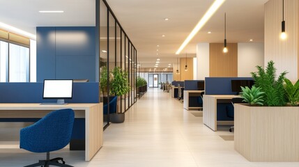 Poster - Modern office interior featuring workstations, greenery, and a bright, open layout