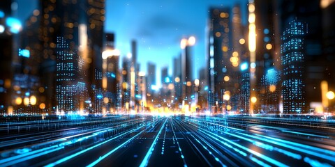 Fototapete - A futuristic cityscape, where sleek lines of blue wave curved across digital screens and presentations, illuminated by holographic projections. Articles, publications, an