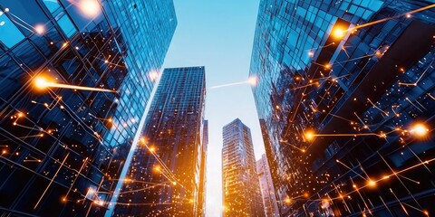 Poster - A futuristic cityscape, where sleek, interconnected buildings, adorned with digital displays and shimmering facades, hum with the energy of the internet of things, a test