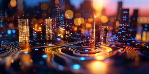 Aufkleber - A vibrant, futuristic cityscape, where towering neural networks hum with the energy of big data and cybersecurity, their data streams converging like a global river. Boke
